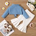 2pcs Baby Girl Button Up Knot Front Long-sleeve Crop Top and Flared Pants Set Color block