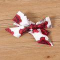 2pcs Baby Girl 100% Cotton Long-sleeve Solid Spliced Rose Floral Print Bow Front Bell Bottom Jumpsuit with Headband Set WineRed image 5