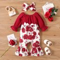 2pcs Baby Girl 100% Cotton Long-sleeve Solid Spliced Rose Floral Print Bow Front Bell Bottom Jumpsuit with Headband Set WineRed