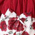 2pcs Baby Girl 100% Cotton Long-sleeve Solid Spliced Rose Floral Print Bow Front Bell Bottom Jumpsuit with Headband Set WineRed image 3