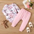 2pcs Baby Girl Allover Bear & Floral Print Long-sleeve Romper and High Waist Pants Set Pink