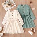 Toddler Girl Solid Color Button Design Ribbed Long-sleeve Dress Apricot image 2