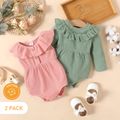 2-Pack Baby Girl 100% Cotton Waffle Solid Ruffle Trim Rompers Set MultiColour image 1