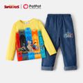 Super Pets 2pcs Kid Boy Colorblock Long-sleeve Tee and Cotton Denim Jeans Set Yellow image 1