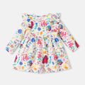 Harry Potter Baby Girl Allover Print Button Front Ruffle Trim Long-sleeve Dress Almond Beige
