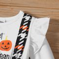Halloween Baby Girl Pumpkin & Letter Print Spliced Houndstooth Faux-two Ruffle Trim Long-sleeve Romper White