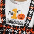 Halloween Baby Girl Pumpkin & Letter Print Spliced Houndstooth Faux-two Ruffle Trim Long-sleeve Romper White
