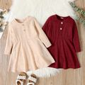 Toddler Girl Solid Color Button Design Ribbed Long-sleeve Dress Khaki