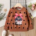 Toddler Girl Animal Cat Print Polka dots Brown Pullover Sweatshirt Brown image 1