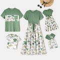 Family Matching Green Rib Knit Spliced Allover Dinosaur Print Dresses and Short-sleeve T-shirts Sets JadeGreen image 1