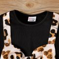 2pcs Baby Girl Rib Knit Long-sleeve Spliced Leopard Bow Front Top and Flared Pants Set Color block