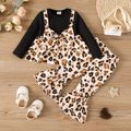 2pcs Baby Girl Rib Knit Long-sleeve Spliced Leopard Bow Front Top and Flared Pants Set Color block