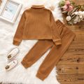 2pcs Toddler Girl Solid Color Ribbed Turtleneck Long-sleeve Tee and Elasticized Pants Set Brown image 3