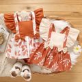Baby Girl Sleeveless Solid Ruffle Trim Bowknot Spliced Leaf Print Romper Apricot image 2