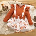 2pcs Baby Girl Solid Rib Knit Long-sleeve Top and Rainbow & Stars Print Layered Ruffle Suspender Skirt Set Brown image 1