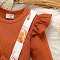 2pcs Baby Girl Solid Rib Knit Long-sleeve Top and Rainbow & Stars Print Layered Ruffle Suspender Skirt Set Brown image 3
