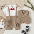 2pcs Baby Boy 100% Cotton Short-sleeve Gentleman Party Outfits Striped Spliced Jumpsuit and Double Breasted Waistcoat Set Brown
