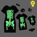 Halloween Glow In The Dark Skeleton Print 95% Cotton Short-sleeve Black Bodycon T-shirt Dress for Mom and Me Black image 2
