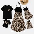 Family Matching 95% Cotton Short-sleeve T-shirts and Rib Knit Spliced Leopard Belted Cami Dresses Sets Black image 1