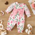 Baby Girl Bow Front Allover Pink Floral Print Mesh Long-sleeve Jumpsuit Color block image 1