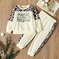 2pcs Toddler Girl Letter Leopard Print Colorblock Sweatshirt and Pants Set Almond Beige image 1