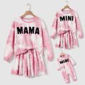 Mommy and Me Letter Print Pink Tie Dye Drop Shoulder Long-sleeve Sweatshirts and Shorts Sets Pink image 1
