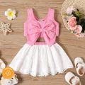 2pcs Baby Girl 100% Cotton Bow Front Tank Crop Top and Eyelet Embroidered Skirt Set PinkyWhite image 1