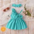 100% Cotton 2pcs Baby Girl Solid One Shoulder Ruffle Trim Cami Dress with Headband Set Emerald