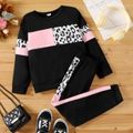 2pcs Kid Girl Leopard Print Colorblock Sweatshirt and Black Pants Set Black