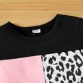 2pcs Kid Girl Leopard Print Colorblock Sweatshirt and Black Pants Set Black image 3