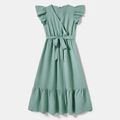 Family Matching Green Swiss Dot Flutter-sleeve Surplice Neck Belted Dresses and Striped Short-sleeve T-shirts Sets Green