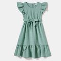 Family Matching Green Swiss Dot Flutter-sleeve Surplice Neck Belted Dresses and Striped Short-sleeve T-shirts Sets Green