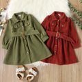 Toddler Girl Solid Color Lapel Collar Button Design Belted Dress Green image 2