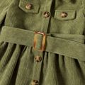 Toddler Girl Solid Color Lapel Collar Button Design Belted Dress Green image 5