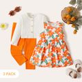 3-Pack Baby Girl 95% Cotton Rib Knit Button Up Solid Cardigan and Leggings with Allover Floral Print Tank Dress Set Orange image 1