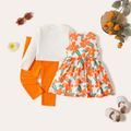 3-Pack Baby Girl 95% Cotton Rib Knit Button Up Solid Cardigan and Leggings with Allover Floral Print Tank Dress Set Orange image 2