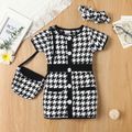3pcs Baby Girl Button Front Short-sleeve Houndstooth Dress and Square Bag with Headband Set BlackandWhite