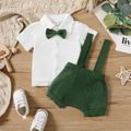 2pcs Baby Boy Knitted Short-sleeve Button Up Bow Tie Shirt and Suspender Shorts Set Army green