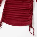 Mommy and Me 3D Floral Applique Mesh Long-sleeve Rib Knit Drawstring Ruched Bodycon Dress WineRed image 5