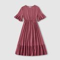 Family Matching Solid Ruffle Trim Short-sleeve Dresses and Colorblock T-shirts Sets Redbeanpaste