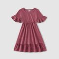 Family Matching Solid Ruffle Trim Short-sleeve Dresses and Colorblock T-shirts Sets Redbeanpaste