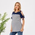 Maternity Striped Panel Cold Shoulder Lace Up Short-sleeve Tee royalblue