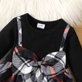 2pcs Baby Girl 95% Cotton Long-sleeve Faux-two Plaid Bow Front Dress with Headband Set Black image 4