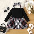 2pcs Baby Girl 95% Cotton Long-sleeve Faux-two Plaid Bow Front Dress with Headband Set Black