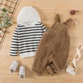 2pcs Baby Boy Striped Long-sleeve Hoodie and Solid Fuzzy Overalls Set ColorBlock