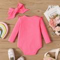 2pcs Baby Girl Fluorescent Color Rib Knit Ruffle Trim Bow Front Long-sleeve Romper with Headband Set LF