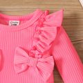 2pcs Baby Girl Fluorescent Color Rib Knit Ruffle Trim Bow Front Long-sleeve Romper with Headband Set LF