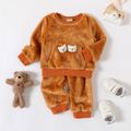 2pcs Baby Boy Stuffed Bear Detail Long-sleeve Fuzzy Top and Pants Set Brown image 1