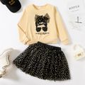 2pcs Kid Girl Letter Cartoon Print Bowknot Design Sweatshirt and Polka dots Mesh Skirt Set LightKhaki