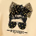 2pcs Kid Girl Letter Cartoon Print Bowknot Design Sweatshirt and Polka dots Mesh Skirt Set LightKhaki